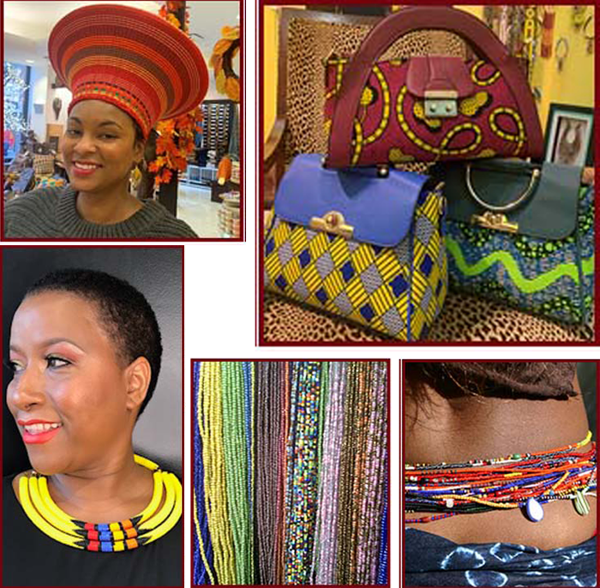 Owner wearing Massai necklace from Kenya, Fulani Hat from Mali, Handbacks and necklaces from Senegal West Africa, Waist Beads in assorted colors from Ghana
